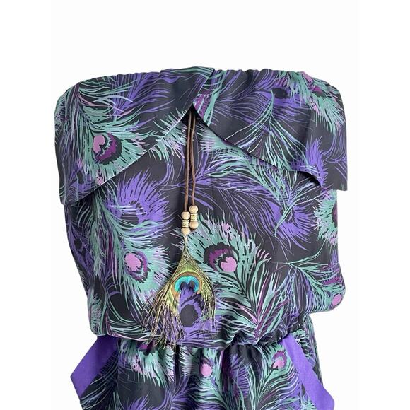 Y2K Mini Dress Small Strapless Beaded Artsy Peacock Forest Fairy Grunge 2010s - Picture 2 of 11